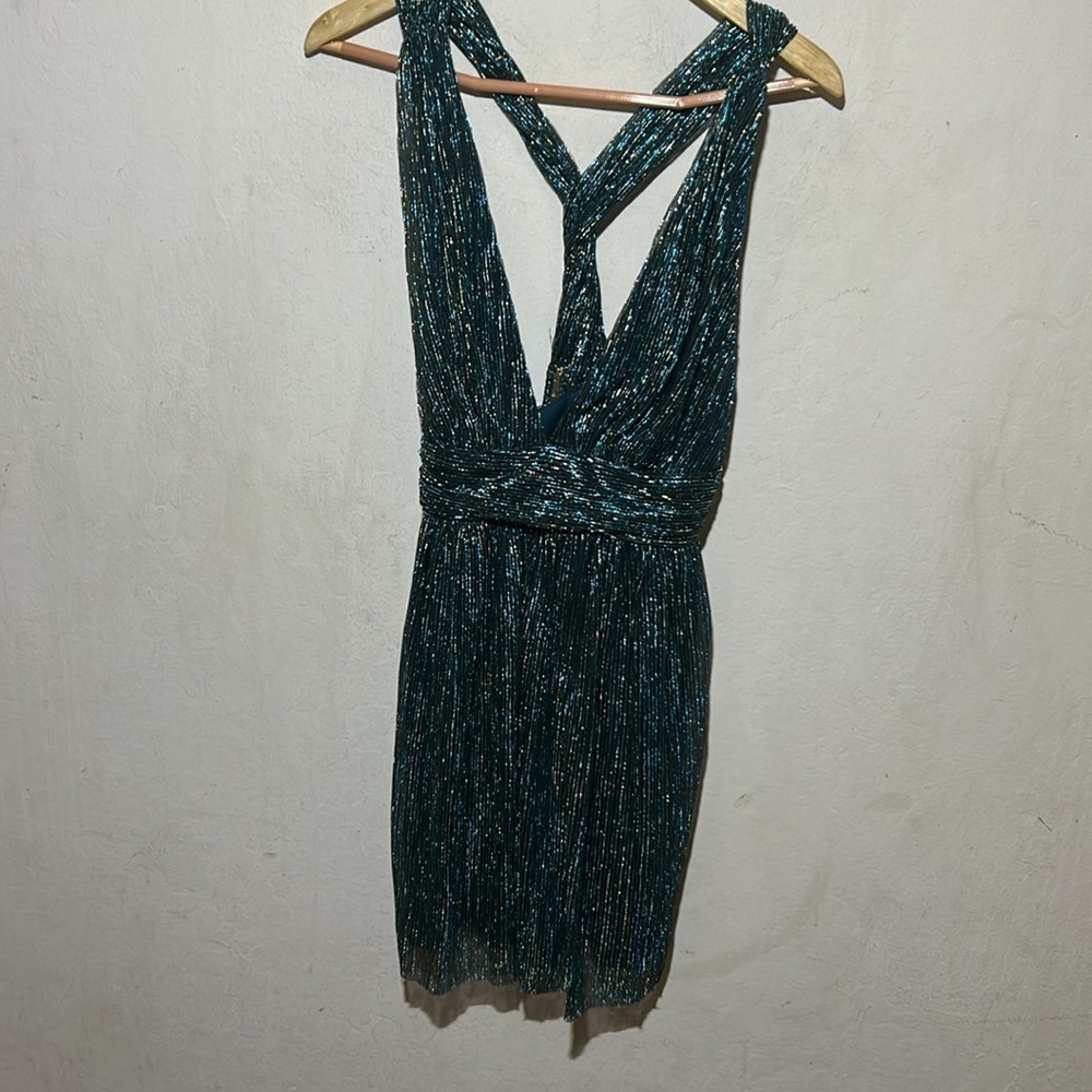 Lulus Ailey Gold and Teal Blue Skater Dress Size Medium NWT - Picture 5 of 10